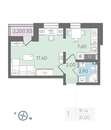 Продажа 1-комнатной квартиры 31 м², 10/25 этаж