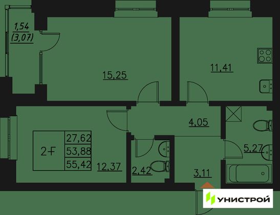 55,4 м², 2-комн. квартира, 7/20 этаж