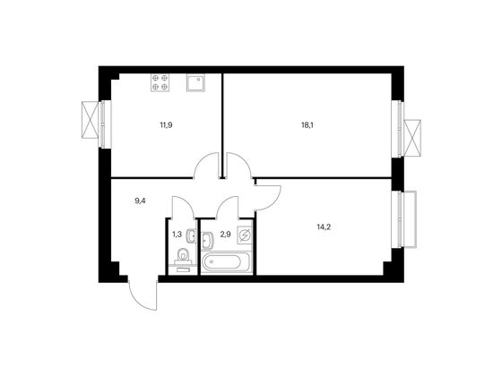 58,4 м², 2-комн. квартира, 2/30 этаж