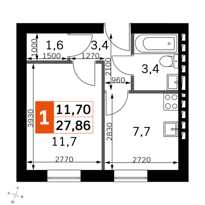 27,9 м², 1-комн. квартира, 4/4 этаж