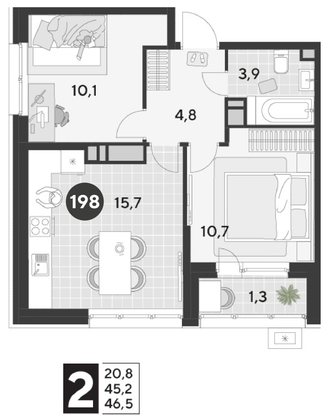 Продажа 2-комнатной квартиры 46,5 м², 17/21 этаж