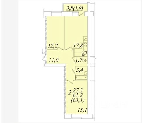 Продажа 2-комнатной квартиры 63,4 м², 9/10 этаж