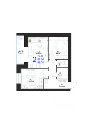 Продажа квартиры со свободной планировкой 49,7 м², 4/4 этаж