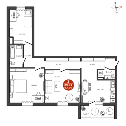 91,7 м², 3-комн. квартира, 5/16 этаж