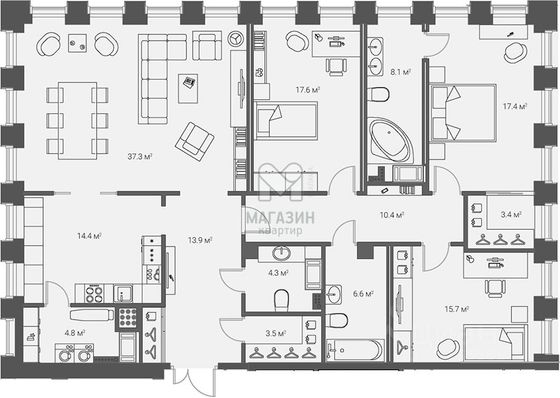 Продажа 3-комнатной квартиры 157,4 м², 17/20 этаж