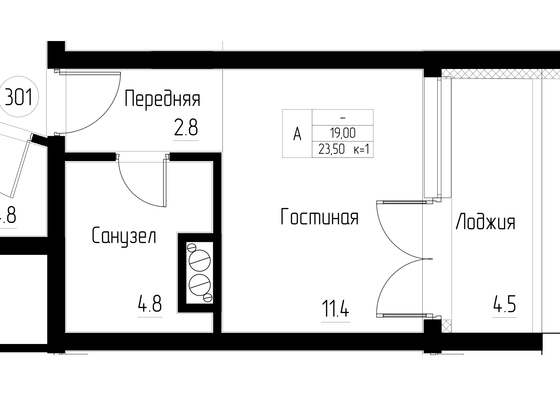 23,5 м², 1-комн. квартира, 1/5 этаж