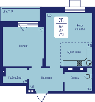 47,3 м², 2-комн. квартира, 11/12 этаж