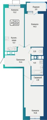 Продажа 3-комнатной квартиры 69,1 м², 3/15 этаж