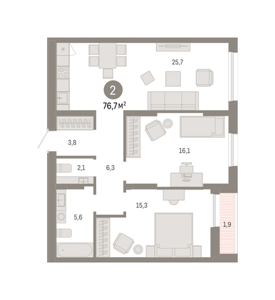 Продажа 2-комнатной квартиры 76,7 м², 13/17 этаж