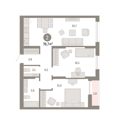 76,7 м², 2-комн. квартира, 13/17 этаж