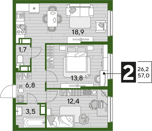 Продажа 2-комнатной квартиры 57 м², 11/16 этаж