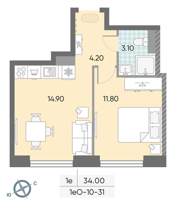 Продажа 1-комнатной квартиры 34 м², 31/58 этаж