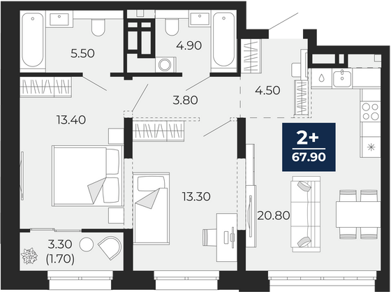 67,9 м², 2-комн. квартира, 3/25 этаж