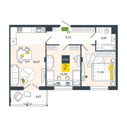 Продажа 2-комнатной квартиры 57,3 м², 4/8 этаж