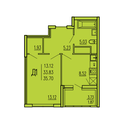 35,7 м², 1-комн. квартира, 1/17 этаж