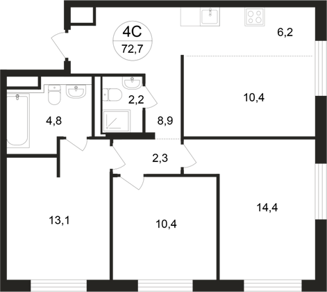 72,7 м², 4-комн. квартира, 2/9 этаж