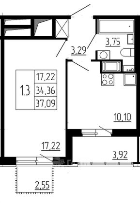 Продажа 1-комнатной квартиры 34,4 м², 3/12 этаж
