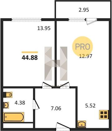Продажа 1-комнатной квартиры 44,9 м², 2/25 этаж