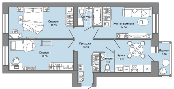 77 м², 3-комн. квартира, 6/7 этаж