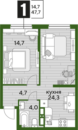 Продажа 1-комнатной квартиры 47,7 м², 14/16 этаж