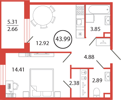 Продажа 1-комнатной квартиры 44 м², 12/12 этаж