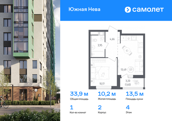 33,9 м², 1-комн. квартира, 4/12 этаж