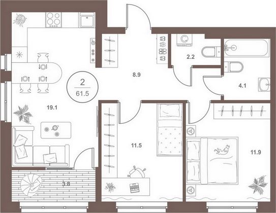 Продажа 2-комнатной квартиры 61,5 м², 3/18 этаж