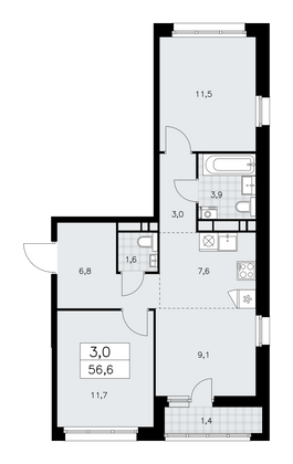 56,6 м², своб. планировка, 12/14 этаж