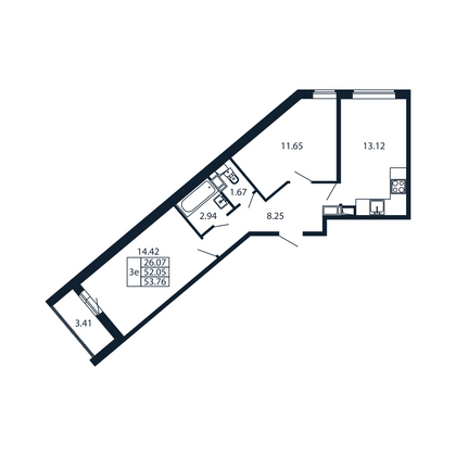 53,8 м², 2-комн. квартира, 12/12 этаж