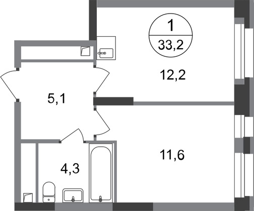 33,2 м², 1-комн. квартира, 3/20 этаж
