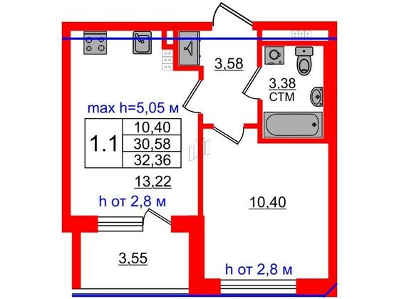 Продажа 1-комнатной квартиры 30,6 м², 4/4 этаж