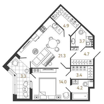 56,2 м², 1-комн. квартира, 3/9 этаж