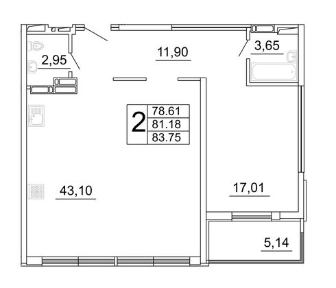 83,8 м², 2-комн. квартира, 21/27 этаж