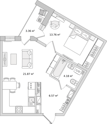 Продажа 1-комнатной квартиры 49,7 м², 2/16 этаж