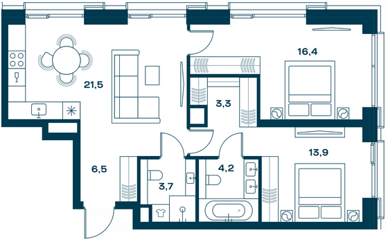 69,5 м², 2-комн. квартира, 8/25 этаж