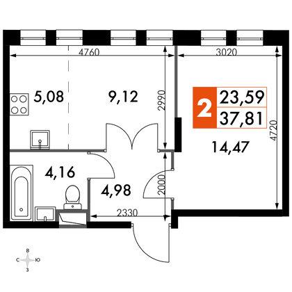 37,8 м², 2-комн. квартира, 7/15 этаж