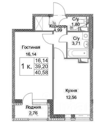 Продажа 1-комнатной квартиры 40,6 м², 3/9 этаж