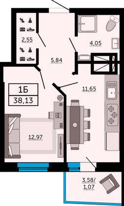 38,1 м², 1-комн. квартира, 2/33 этаж