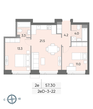 Продажа 2-комнатной квартиры 57,3 м², 22/52 этаж