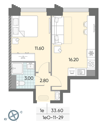 Продажа 1-комнатной квартиры 33,6 м², 29/58 этаж