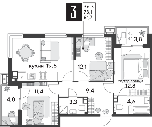 Продажа 3-комнатной квартиры 81,7 м², 5/9 этаж