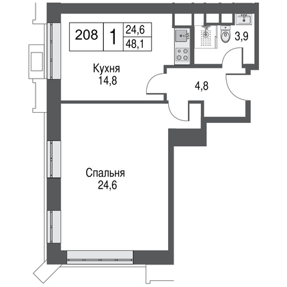 Продажа 1-комнатной квартиры 48,3 м², 10/53 этаж