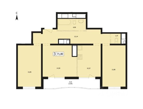 Продажа 3-комнатной квартиры 72,1 м², 16/25 этаж