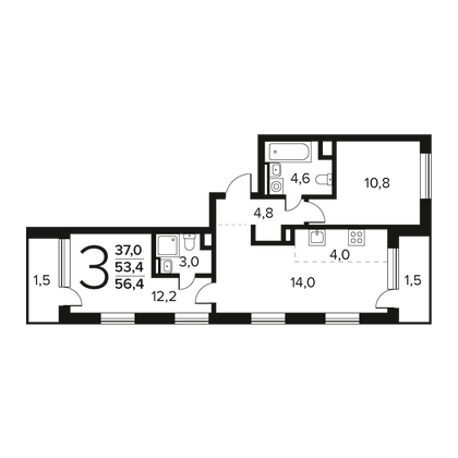 Продажа 3-комнатной квартиры 56,4 м², 2/9 этаж