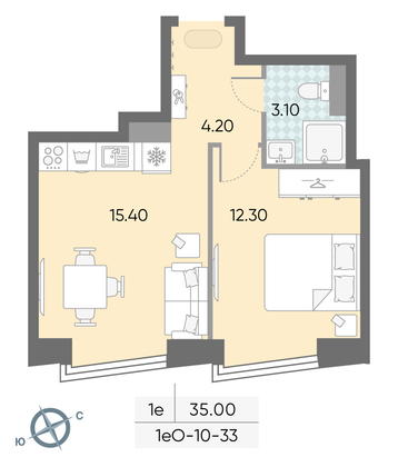 Продажа 1-комнатной квартиры 35 м², 34/58 этаж