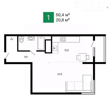 Продажа 1-комнатной квартиры 46,7 м², 2/17 этаж