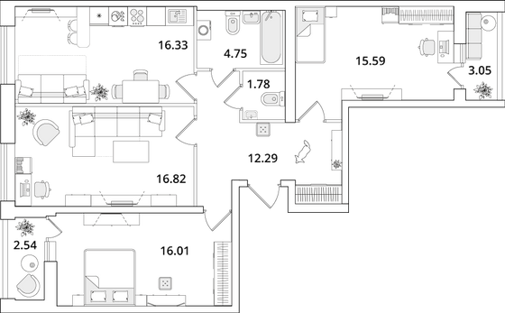 86,4 м², 3-комн. квартира, 2/16 этаж
