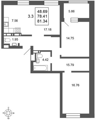 Продажа 3-комнатной квартиры 81 м², 2/17 этаж