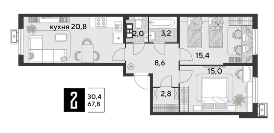 Продажа 2-комнатной квартиры 67,8 м², 4/18 этаж