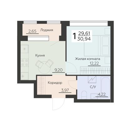 Продажа 1-комнатной квартиры 30,9 м², 9 этаж